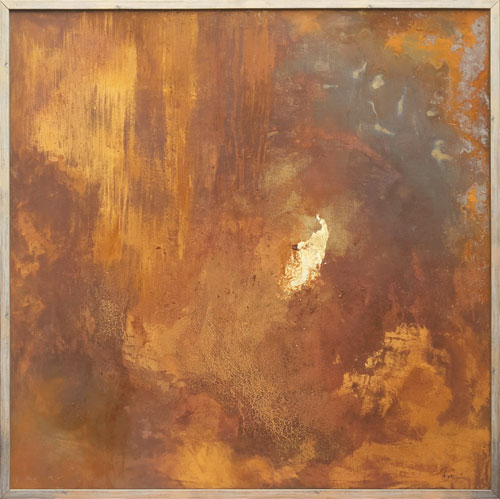 Bild auf Leinwand mit dem Titel ALLEIN | 100x100 | Leinwand, 2024 Technik: Vergoldung und Rost, ©  Zdenka Migaš Gorilová