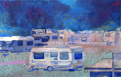 © Arina Heinze: Campingplatz, 2026, Acryl auf Leinwand, 100 cm x 155 cm