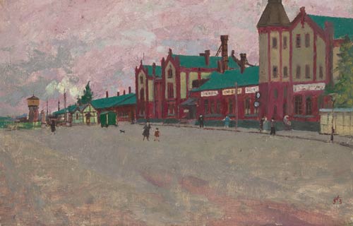 Günter Thiele, Plagwitzer Bahnhof, 1953, Öl auf Sperrholz, 28 x 43,5 cm